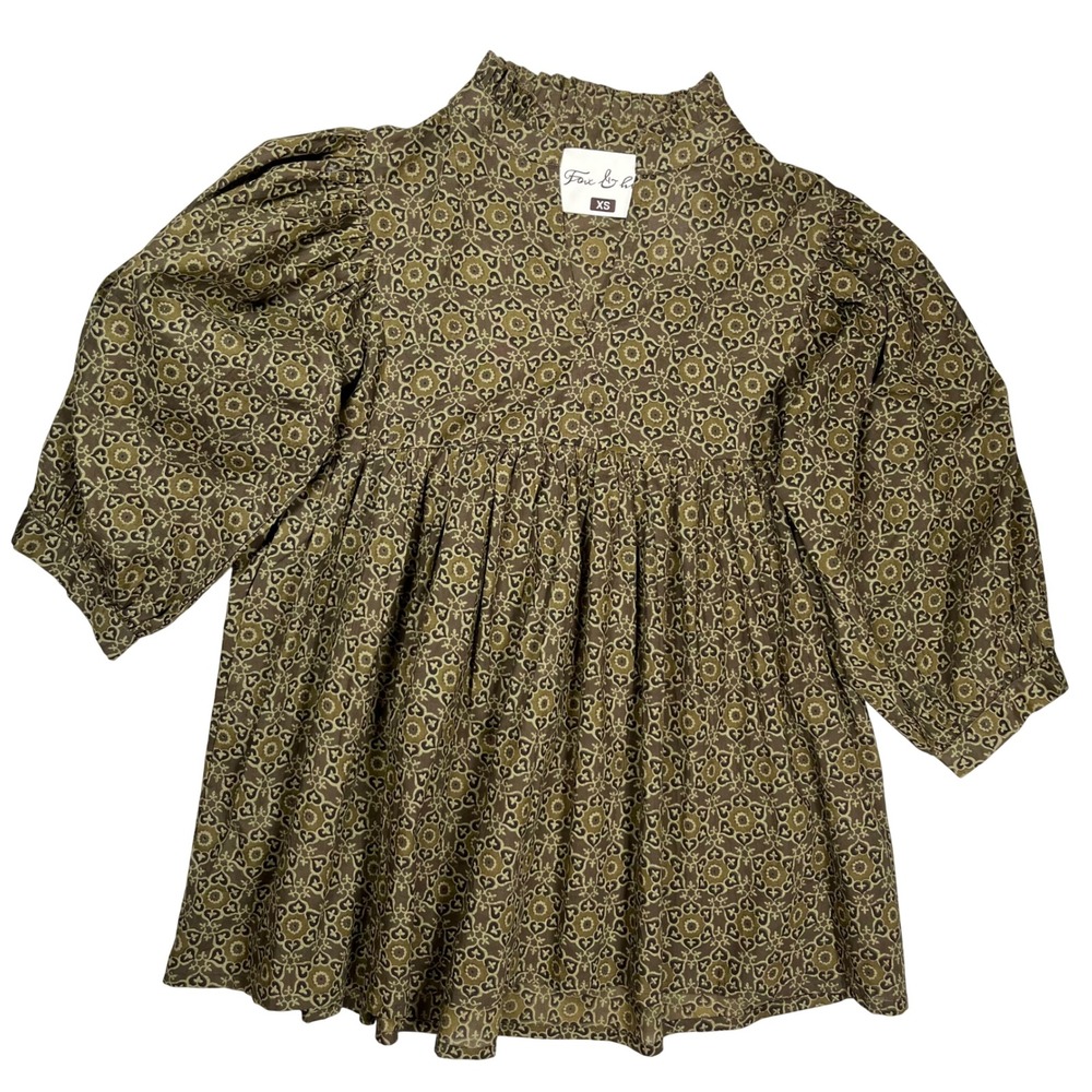 New Fox & Hen Stella Top Women XS Olive Green Print Ruffle Puff Sleeve Babydoll